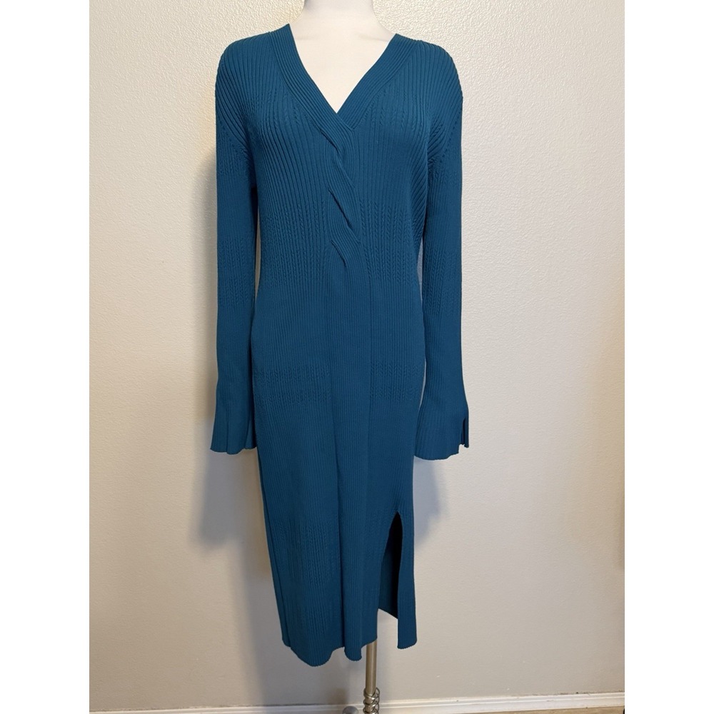 DVF DIANE VON FURSTENBERG Ribbed Cable Knit Midi Dress Teal Blue Bell Sleeve XL